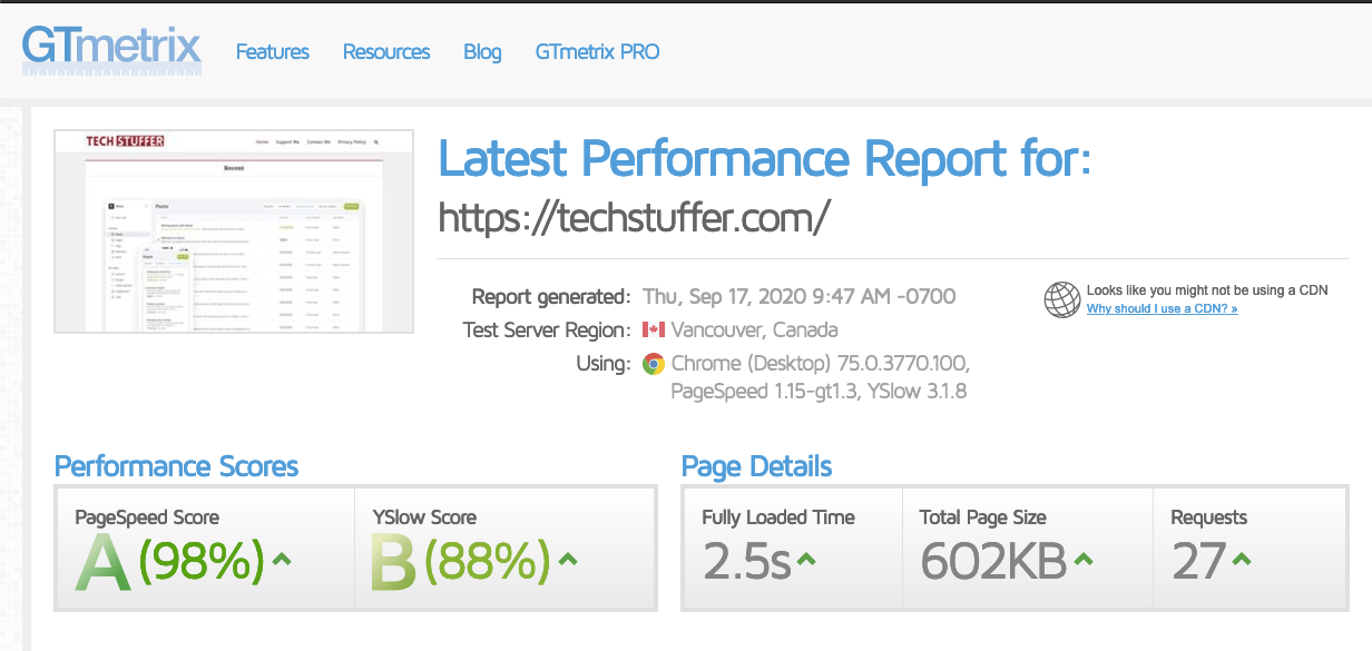 GTMetrix Score After Optimisations