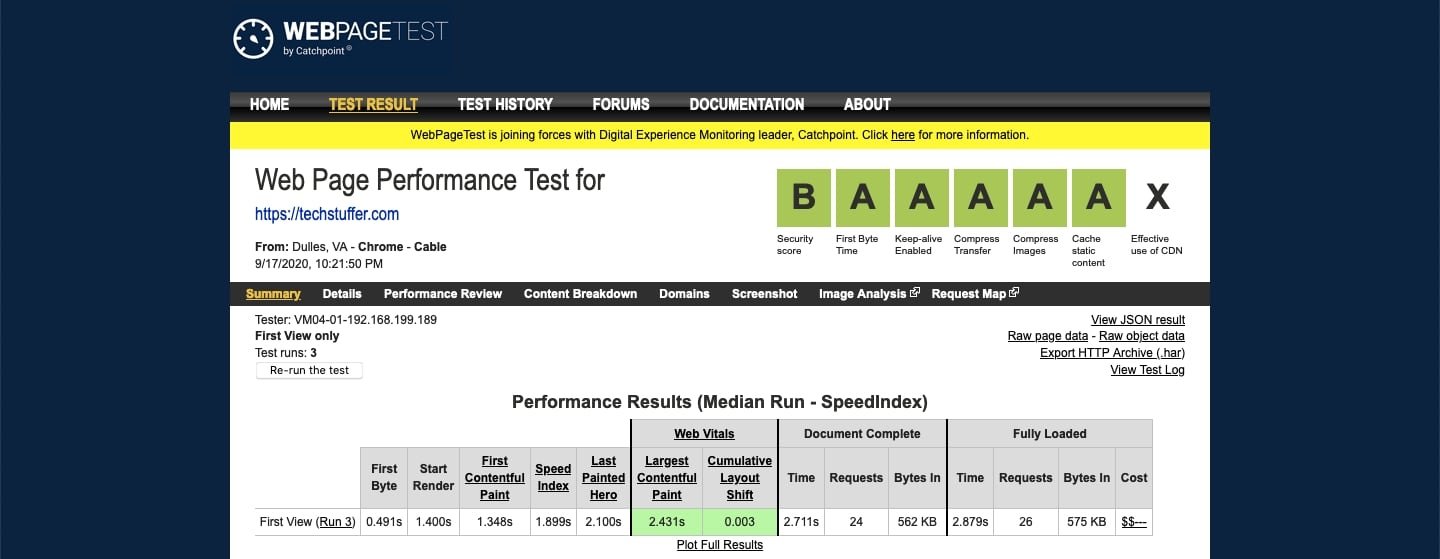 WebPageTest Score After Optimising WordPress