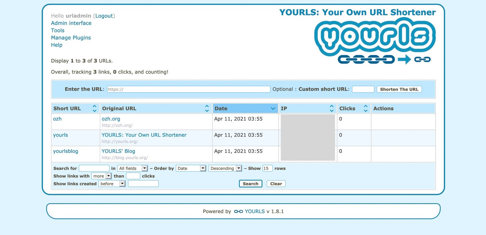YOURLS Admin Interface