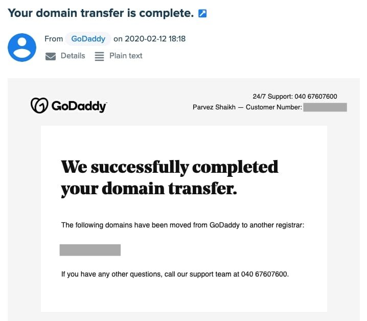 GoDaddy Domain Transfer Complete