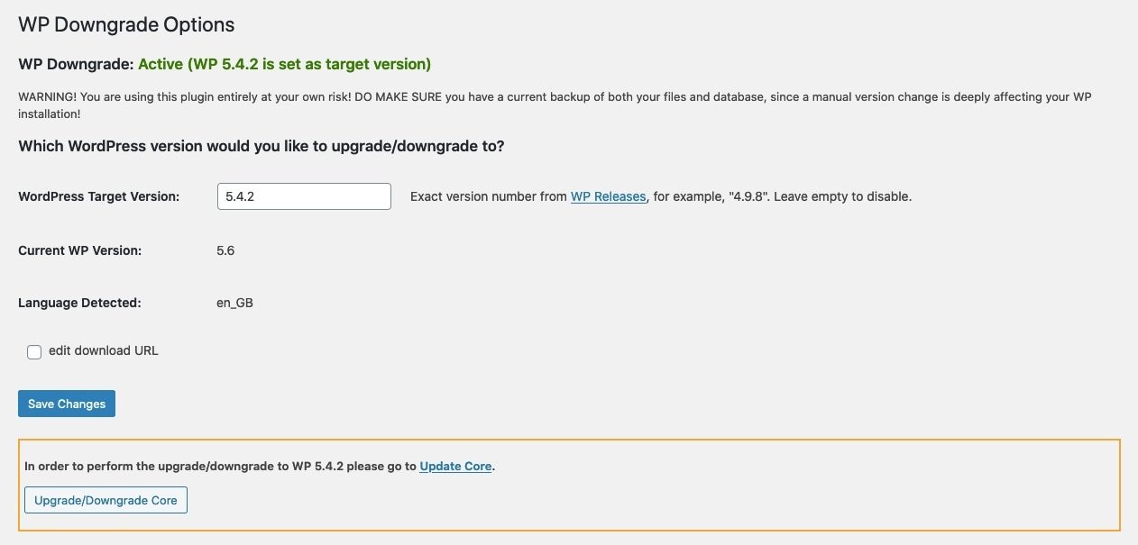 Downgrading WordPress Version