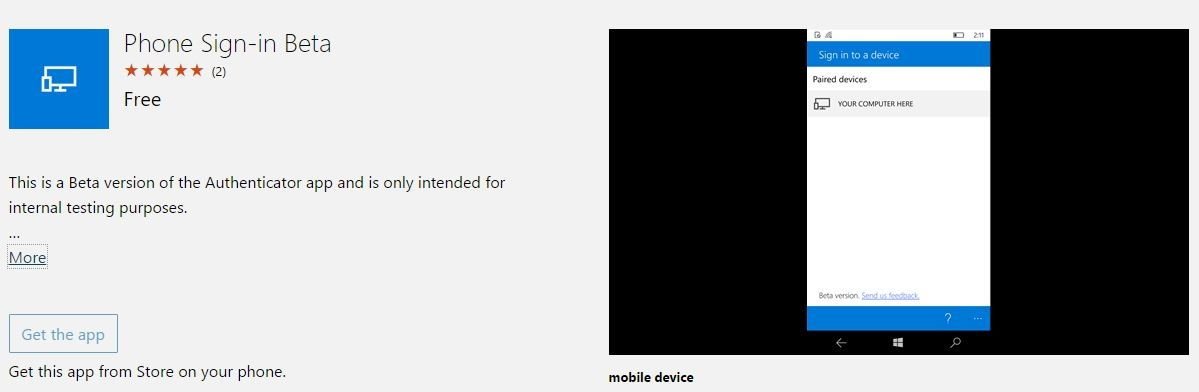 Phone Sign-in Beta Windows Store