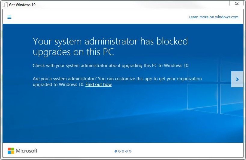 Your system administrator has blocked upgrades on this PC