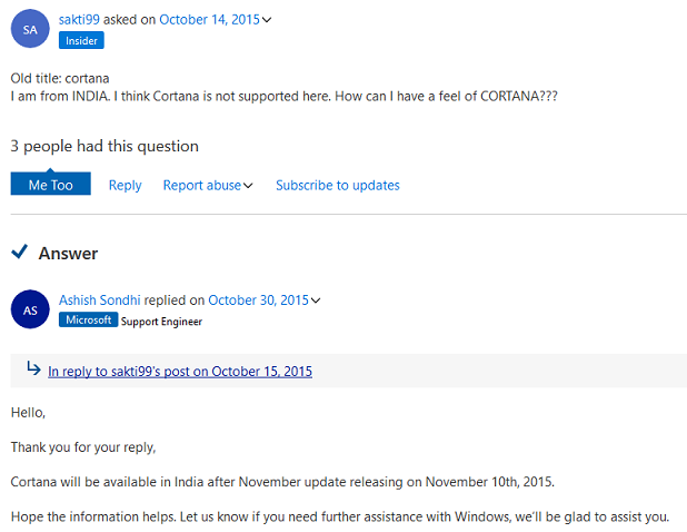 Windows 10 Cortana Availibilty