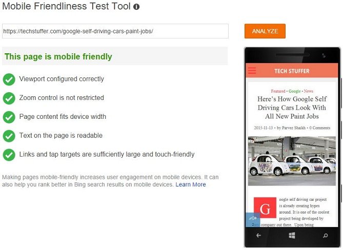 Bing Mobile Friendly Test