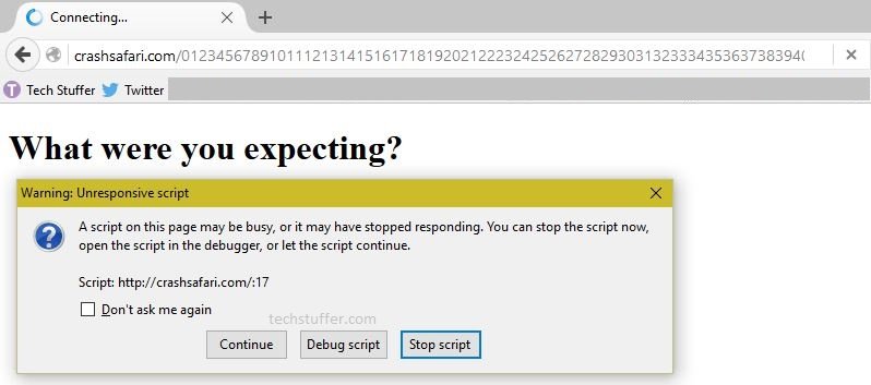 Crashsafari.com Unresponsive Script Message on Firefix