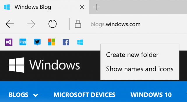 Edge Favorites Bar: Windows 10 Redstone Preview Build 14267