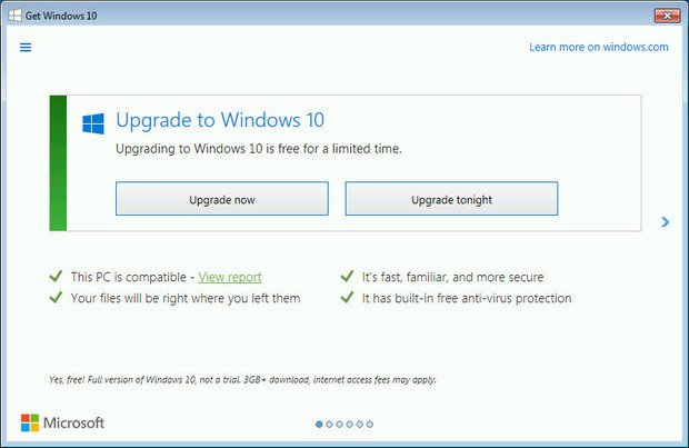Windows 10 Upgrade Now or Upgrade Tonight nag